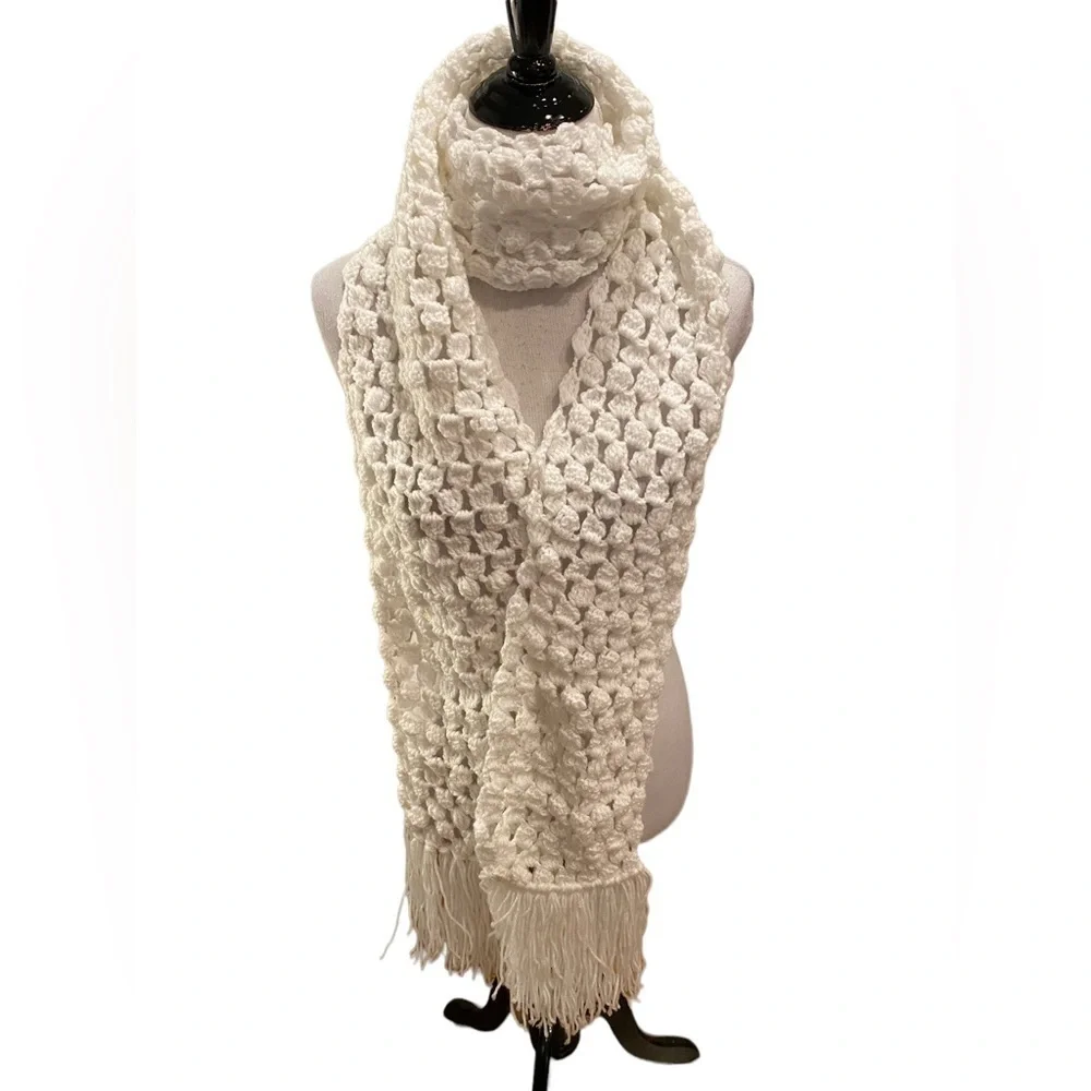Handmade Crocheted Scarf Pure White Extra Long  94” with Fringe